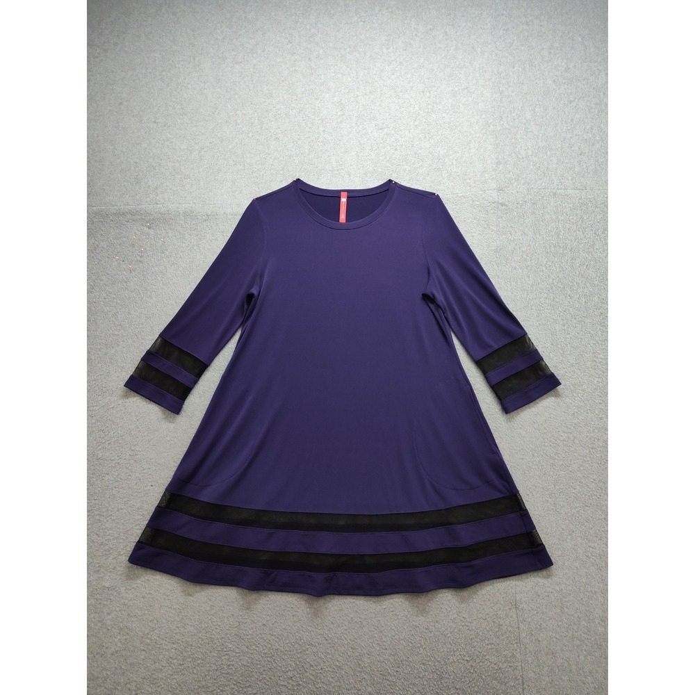 IC Collection Women Dress S Purple Mesh Trim A Line 3/4 Sleeve Round Neck Casual